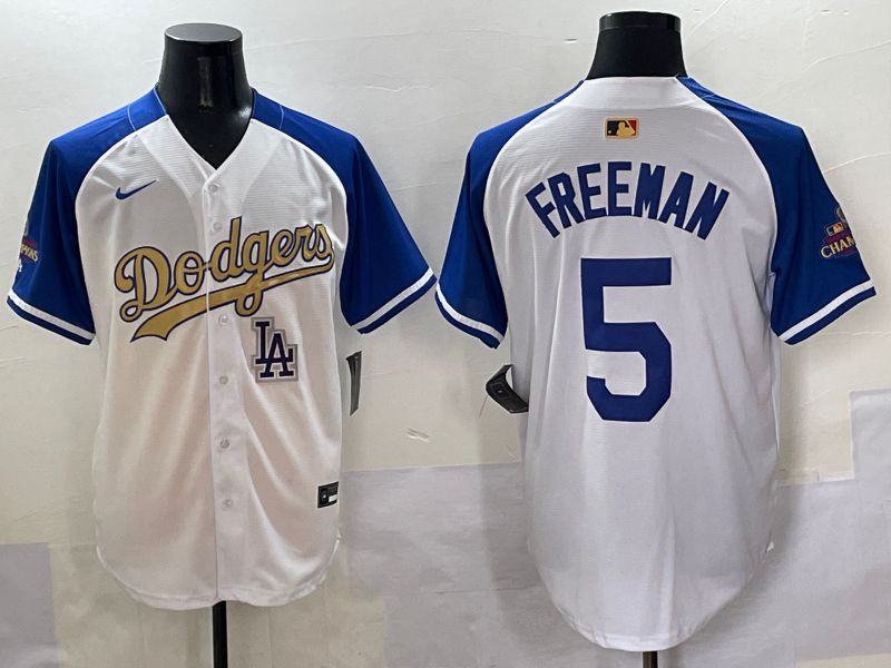 Men Los Angeles Dodgers 5 Freeman White Blue Champion gold character Nike 2025 MLB Jersey style 5059